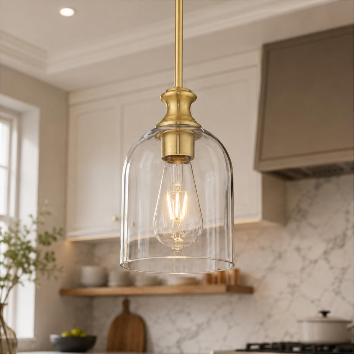 Modern Gold Pendant Lights Kitchen Island Cylinder Glass (1 Pack-Brushed Gold+Clear Glass(Easy to install))