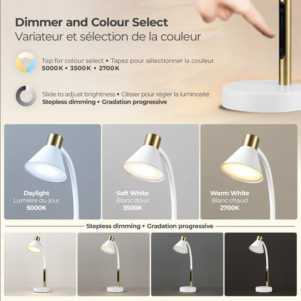 15" LED Integrated Matte White Desk Lamp with Matte Brass Accent and Adjustable Silicone Gooseneck (Matte White, Albert)