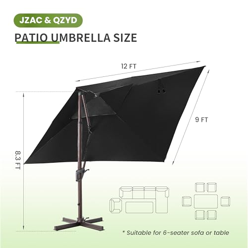 9x12 FT Cantilever Offset Patio Umbrella with Lights (Black)