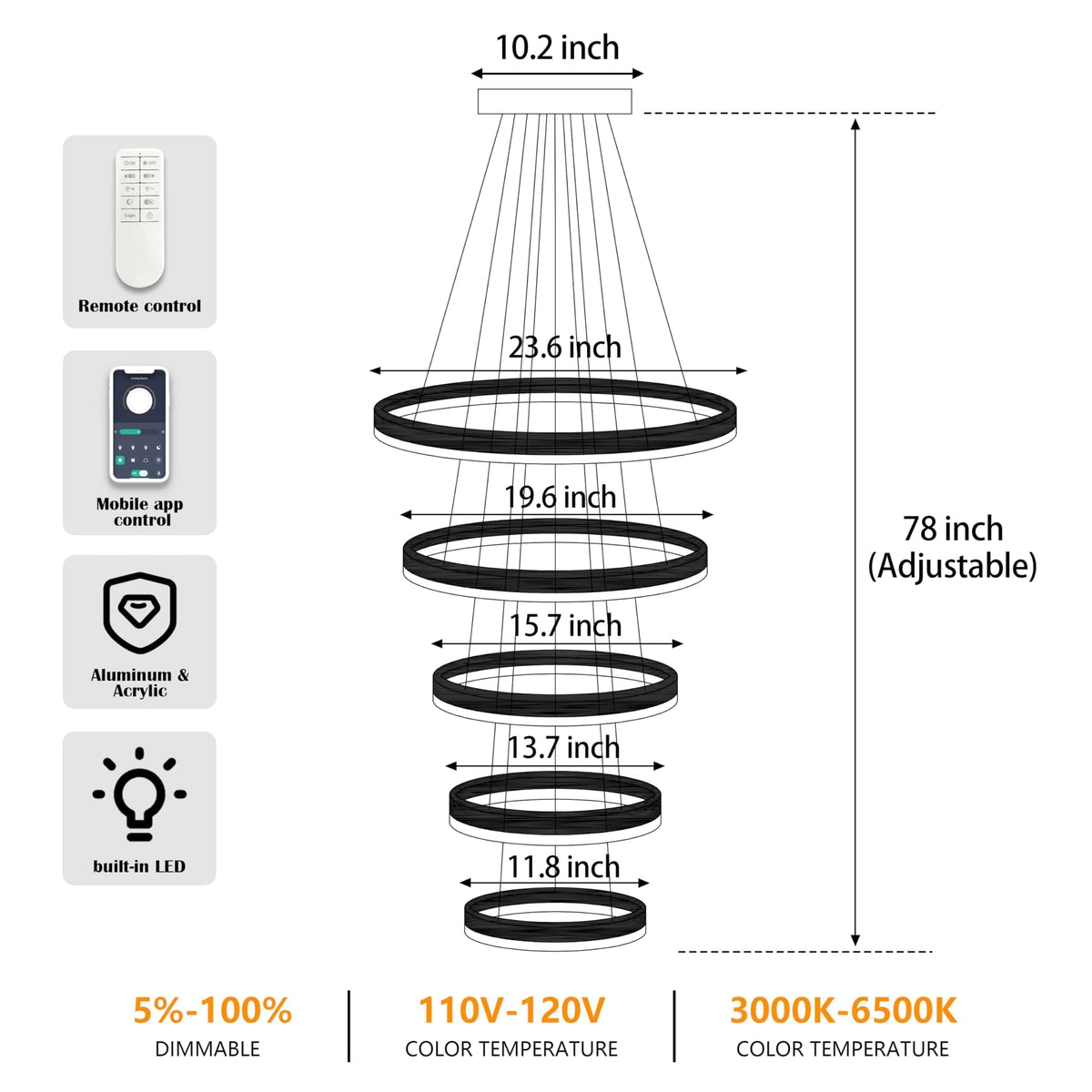 5 Rings Pendant Lights Modern Gold Led Chandelier Gold Modern Led Pendant Light Dimmable Height Adjustable Chandeliers for Dining Room Bedroom Entryway Living Room Foyer (Gold / 5Ring-23.6")