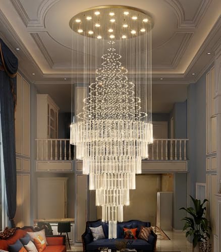 W40 x H120 Glam Chandelier with LED Bulbs Crystal Raindrop High Ceiling Pendant Light for Entrance Large Villa Chandelier Foyer Lighting Fixtures Gold (Gold / Round W40" X H118")
