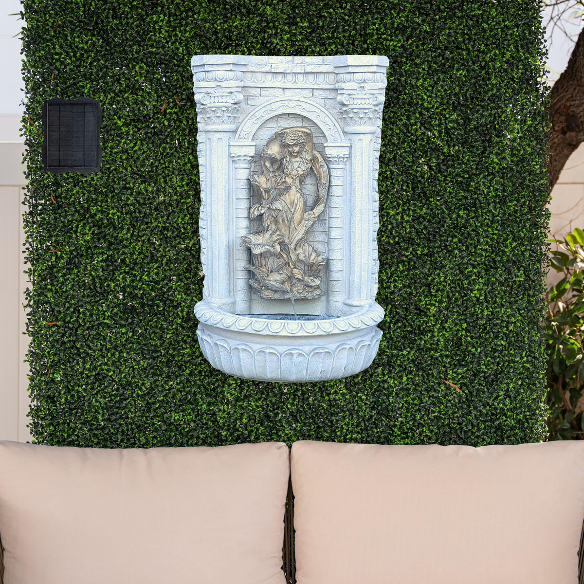 30.3" Solar Powered Wall Fountain with Gold Flower Maiden Statue (Cream White)