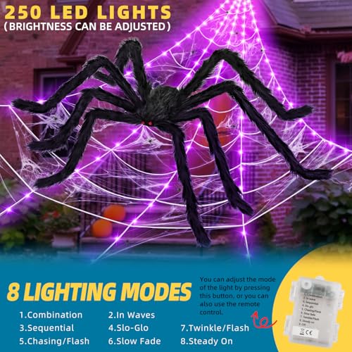 200" Halloween Decorations Light Up Spider Web with 250 LED Lights Decor (Halloween Web with Spider)