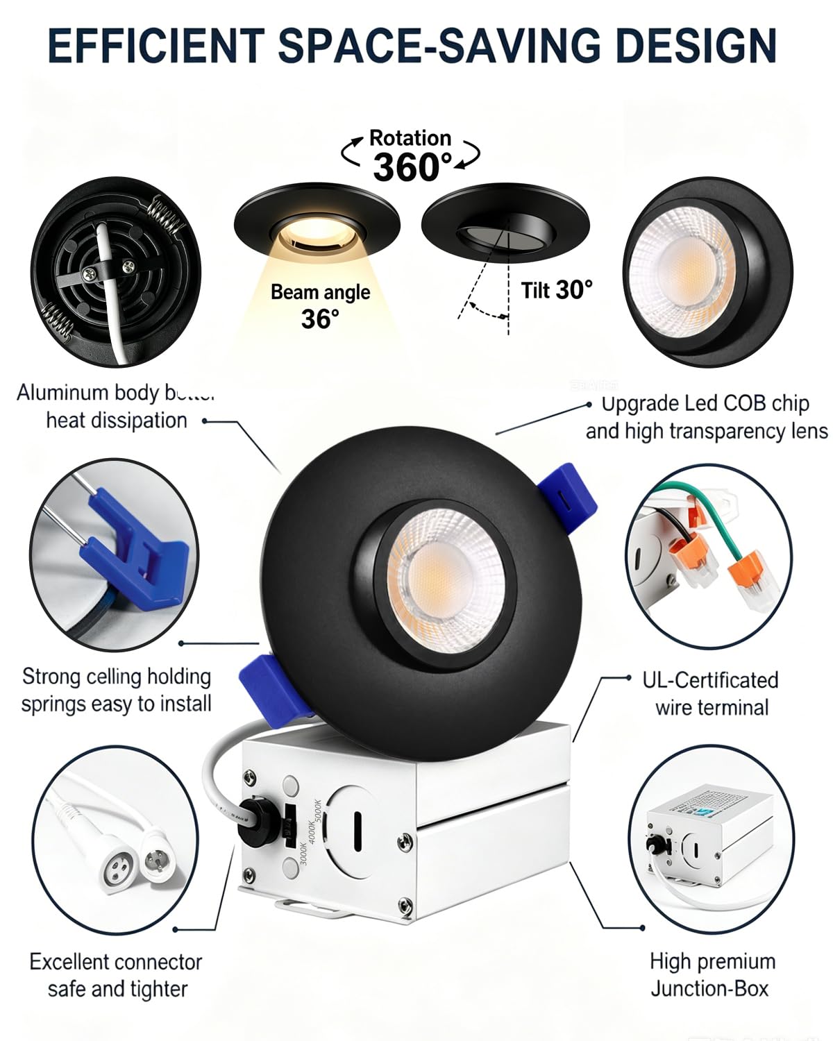 Black 1 Pack 3 Inch 3CCT Gimbal Led Recessed Light with Junction Box 10w (Black 3CCT / 3in 1pack)
