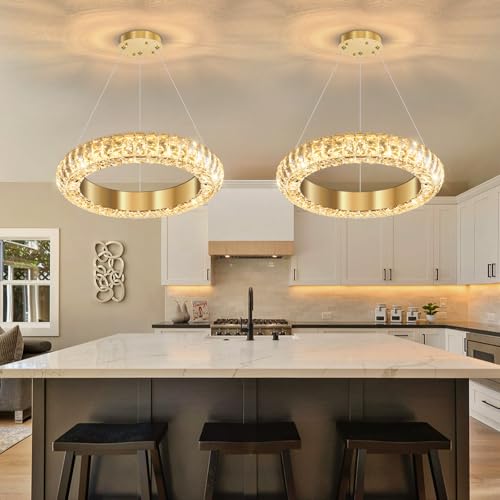 16" Ring Modern LED Dimmable Crystal Chandelier Adjustable Height Pendant Light Round Crystal Chandelier Light Fixtures for Dining Room Living Room Kitchen Island Gold (Gold / 1 Ring Round 16")