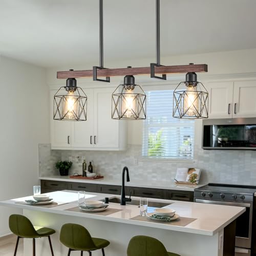 3 Light Vintage Industrial Pendant Light Over Table (Walnut+Black-3lights / 26.6-inch)
