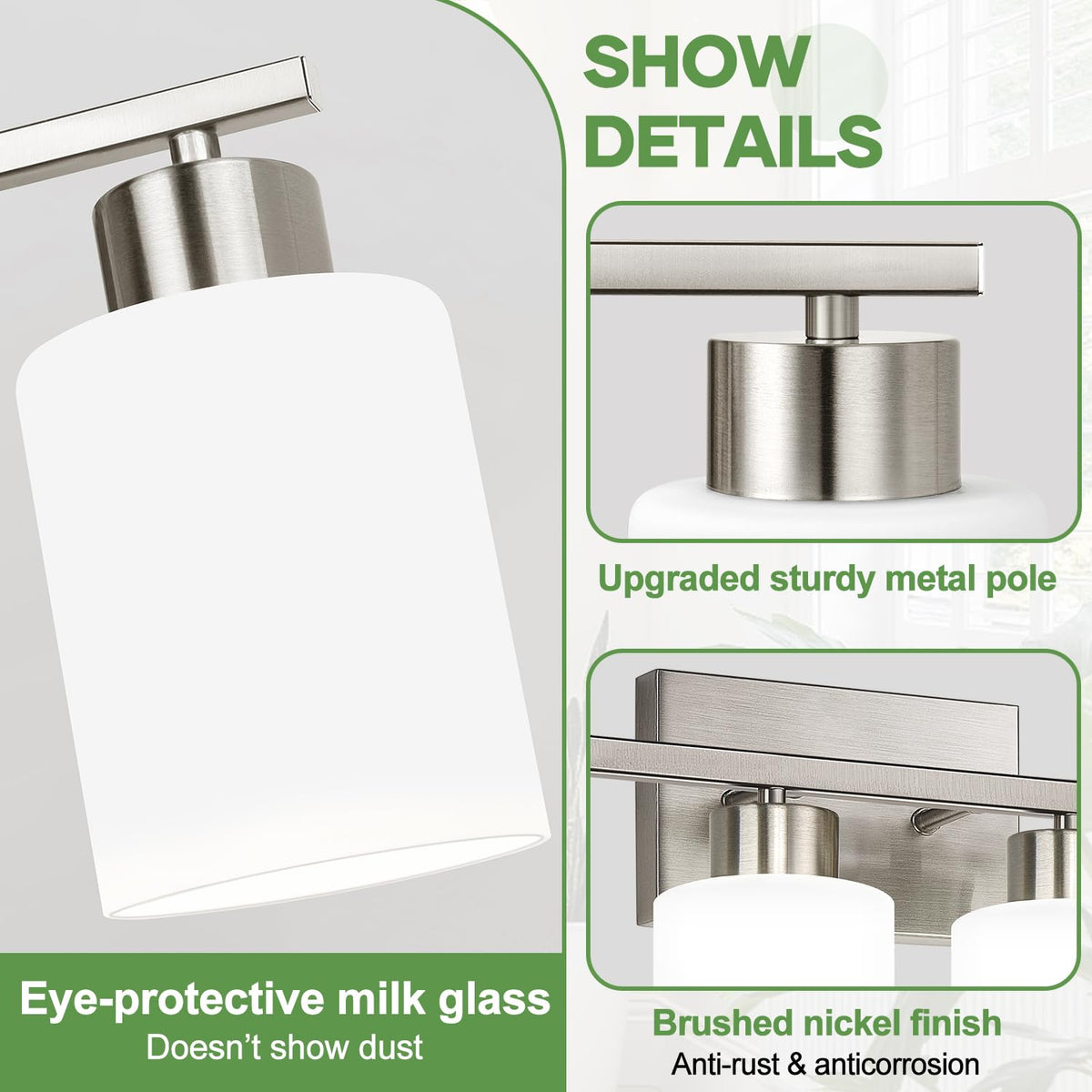 Brushed Nickel Bathroom Light Fixtures with Milk Glass Shades (Brushed Nickel & Milk Glass / 6-light)
