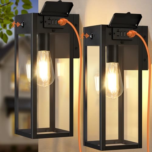 Porch Lights with GFCI Outlet (Black / 14.62" (2-Pack))