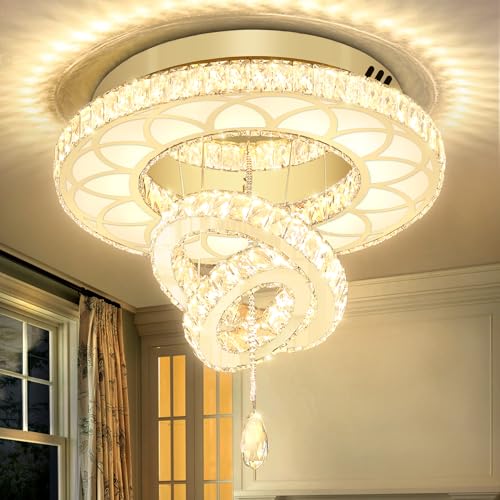 20" Modern Crystal Chandeliers for Living Room Gold Ceiling Chandelier LED Crystal Ceiling Light Flush Mount Chandelier for Bedroom Dining Room Entryway (Gold / W:20inches)