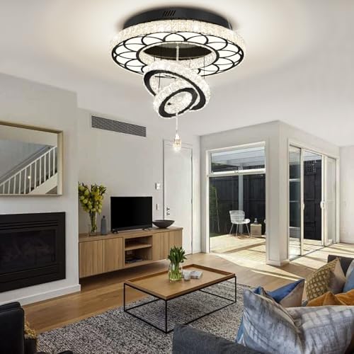 Dia 24" Modern Crystal Chandelier for Dining Room Black Ceiling Chandelier Flush Mount Ceiling Light for Living Room Bedroom Hallway (Black / W:24inches)