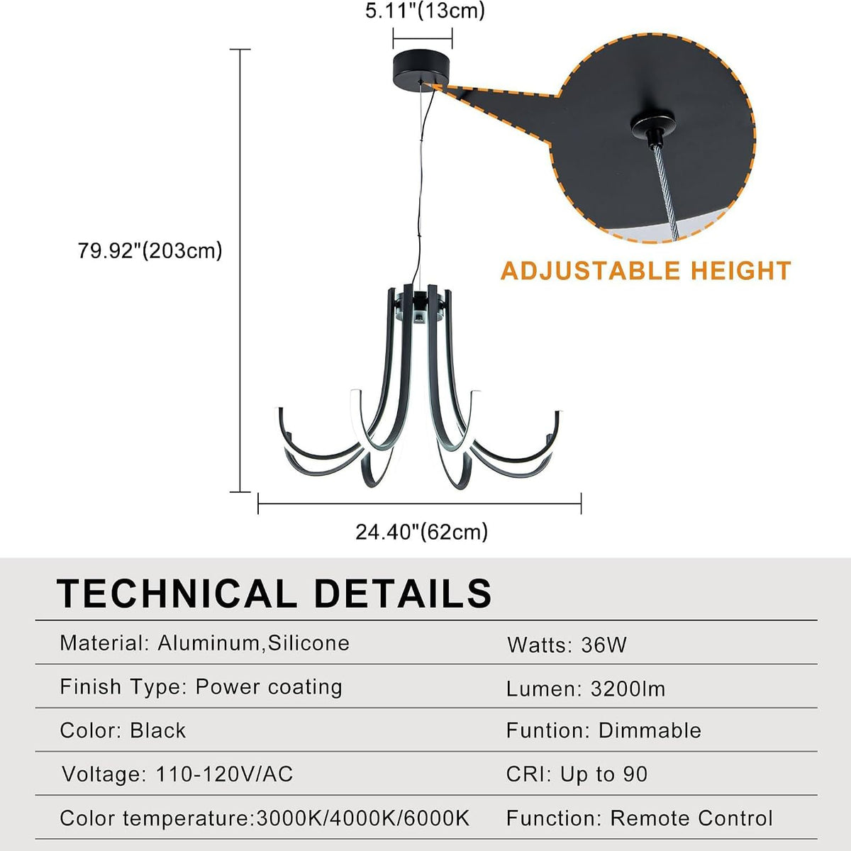 24.4 Inch Black Dimmable Modern LED Chandelier with Remote Control (Black-8 / 24.4 inchs)