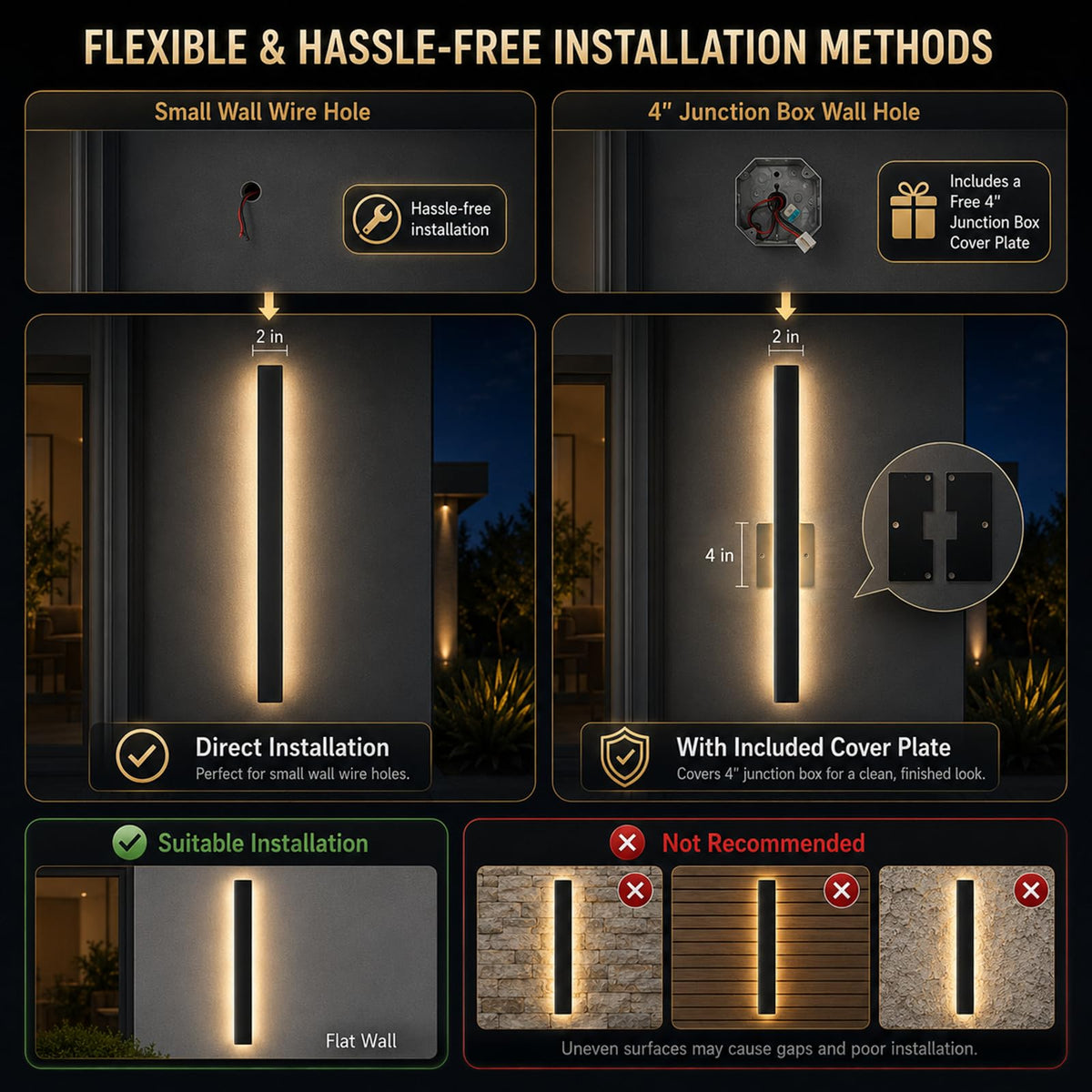 2 Pcs 71inch Modern Outdoor Wall Light Black Long Outdoor Wall Sconce with Remote Control Dimmable IP65 Waterproof Linear Outside Light Fixtures for House Garage (Dimmable / 2pack-71inch*2inch)