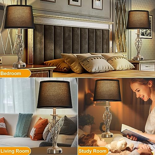 Table Lamp for Bedroom Set of 2 with USB C+A Ports (Silver Base + Black Lampshade)