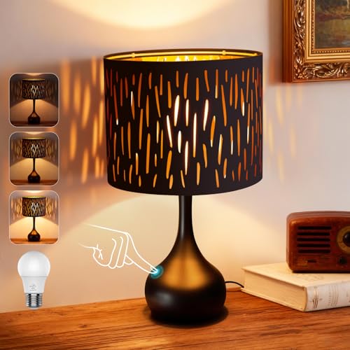 Touch Bedside Lamp for Bedroom (Black Openwork Shade & Black Base)