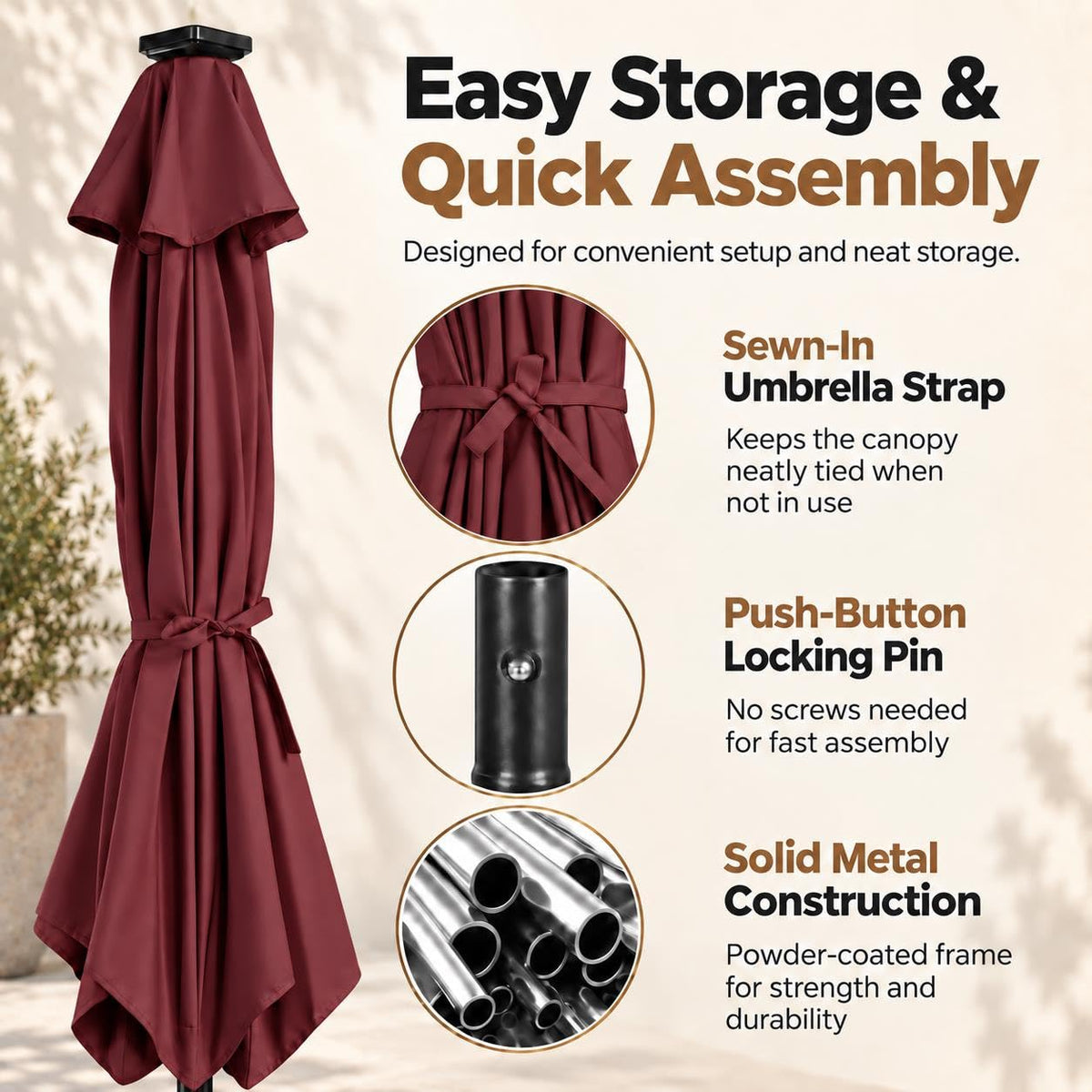 9FT Solar Patio Umbrella w (Burgundy / 9FT)