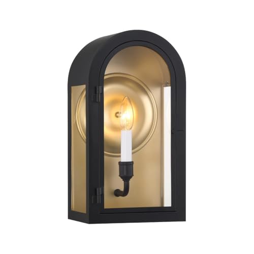 5-410-331 Grotto Modern Clear Glass Outdoor Wall Lantern, 1-Light 60 Watt, 15" H x 8" W, Matte Black with Vintage Gold (15" Height)