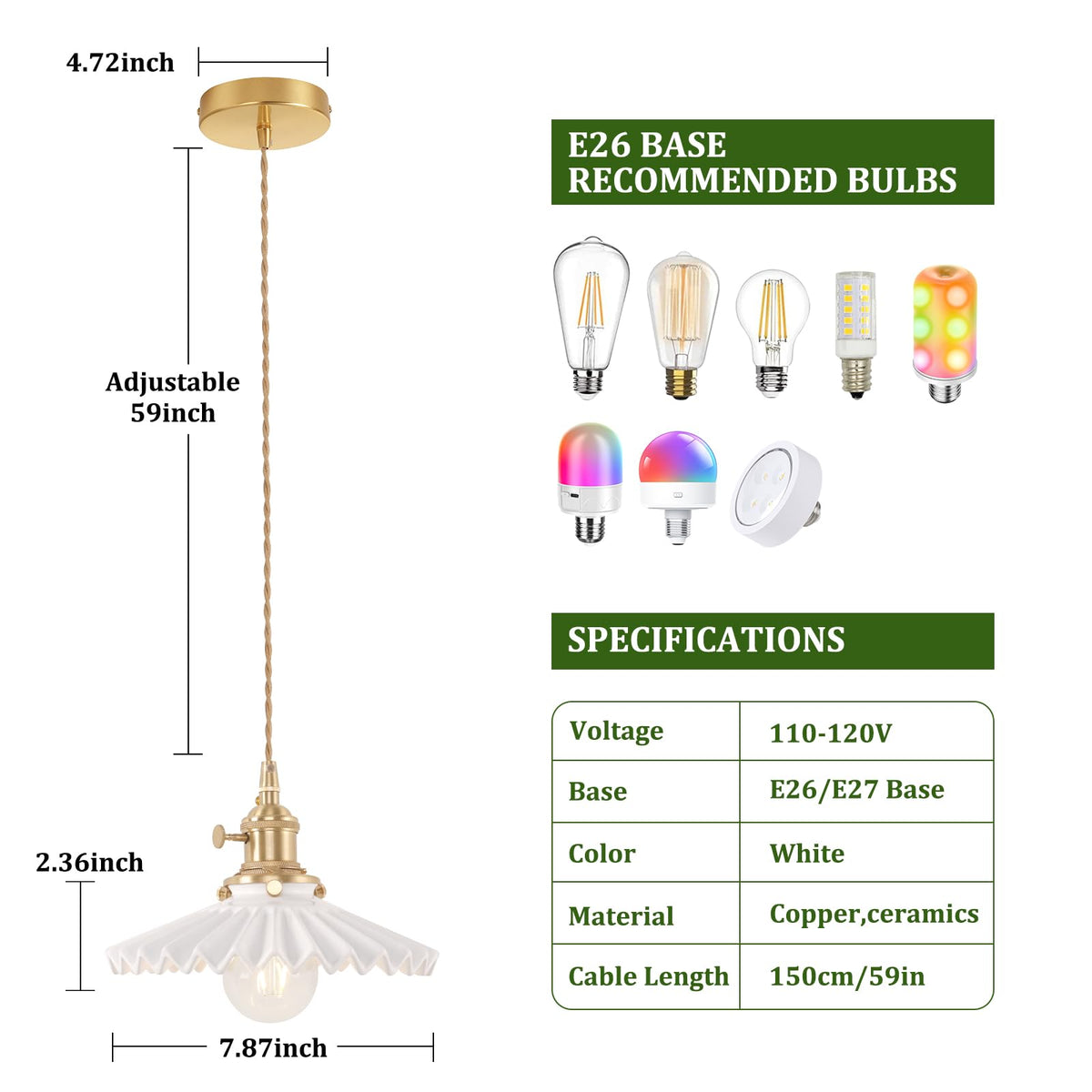 Pendant Light with White Pleated Ceramic Lmapshade (Pleated White)