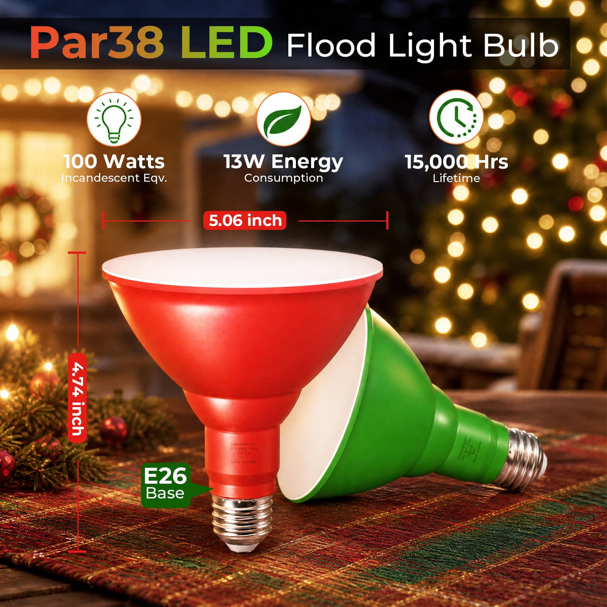 PAR38 Red and Green Light Bulbs (Red+green / 6 Pack)