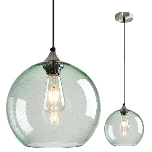 Light Green Seeded Glass Pendant Lights Kitchen Island 1 Pack (Light Green / L - 9.84 in)