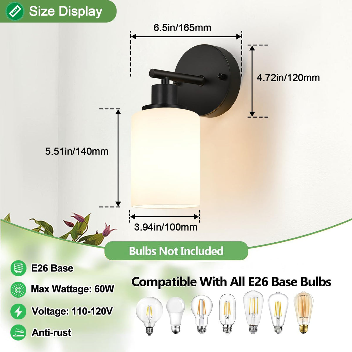 Set of 2 Wall Sconces for Bathroom (Matte Black & Milky White Glass / 1-light)
