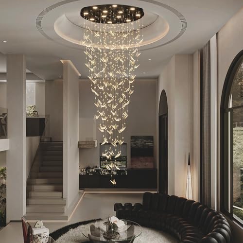 H102 High Ceiling Chandelier Modern Crystal Chandeliers Raindrop Chandelier for Staircase Foyer Entryway Living Room Dimmable 3000 (Black / Dia 32")