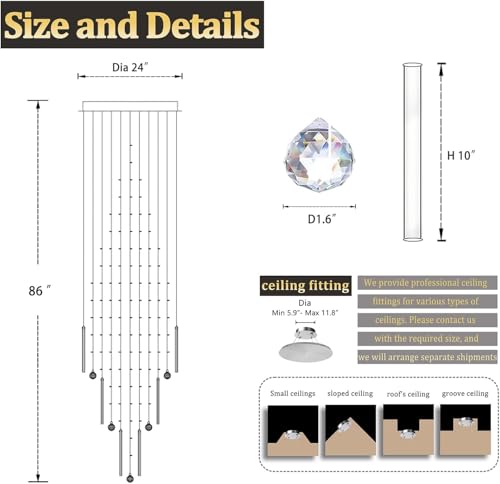 D24''XH86'' Modern Foyer Chandelier for High Ceiling Raindrop Crystal Chandelier High Ceiling Pendant Light Fixture for Hallway Living Room (Black / D24"X H86")