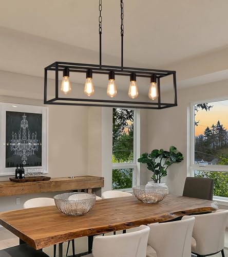 Black Rectangle Kitchen Island Lights Rectangular Modern Industrial Chandelier for Dining Room 5 Lights Linear Vintage Cage Light Fixtures UL Listed (5-Lights)