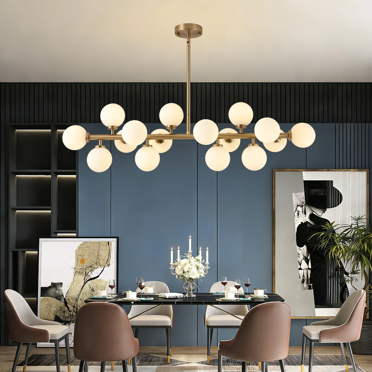 Mid Century Modern Chandelier Over Table (Gold-16 LIGHT / L39.4" x W10.6" (16 Lights))