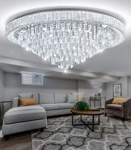 47" Modern Chandeliers LED Dimmable Crystal Flush Mount Ceiling Chandeliers for Living Room High Ceiling Entrance Foyer Lobby Bedroom Silver (Silver / 47.2" Width)