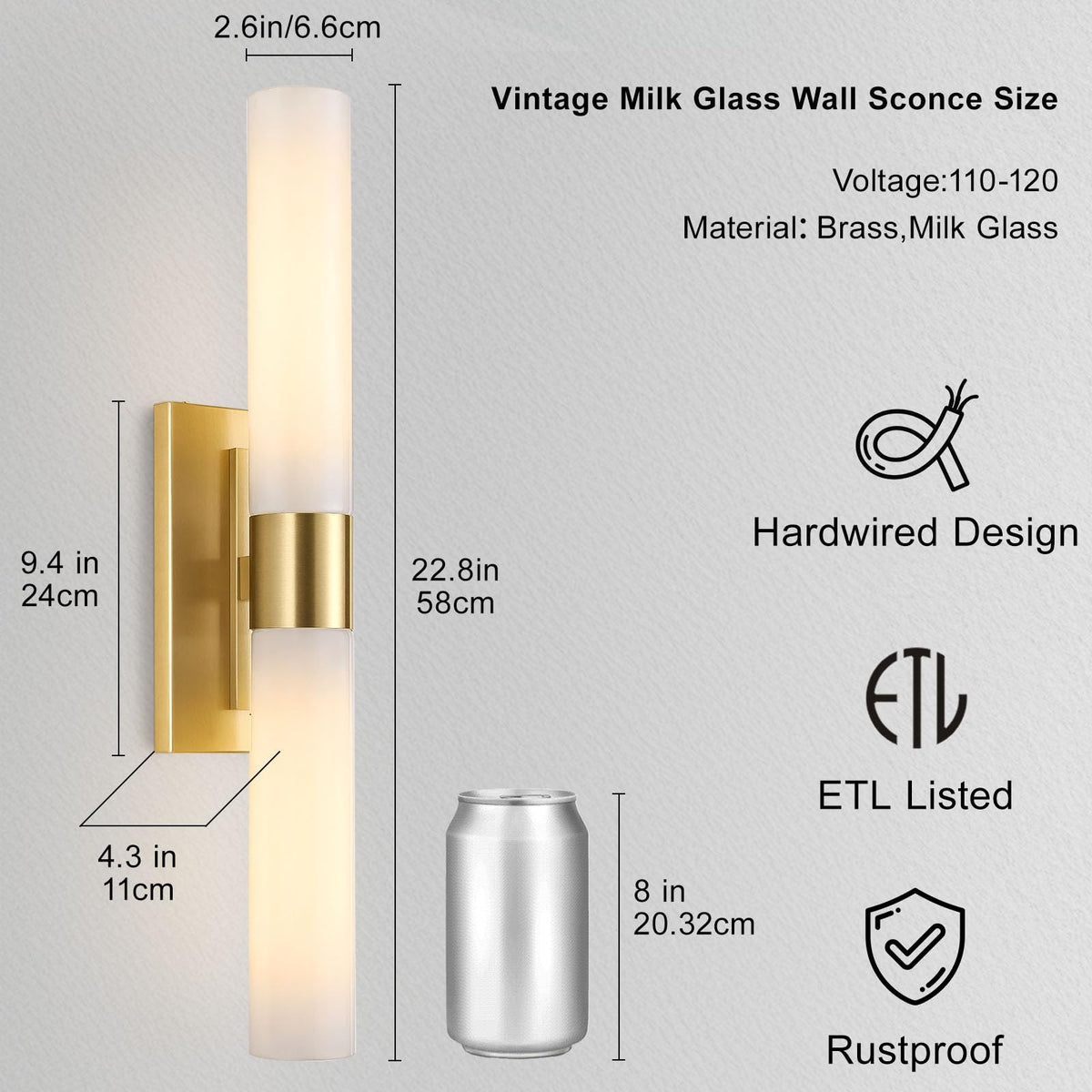 22" Milk Glass Linear Bathroom Wall Sconces (22.8-In-Brass-1Pc)