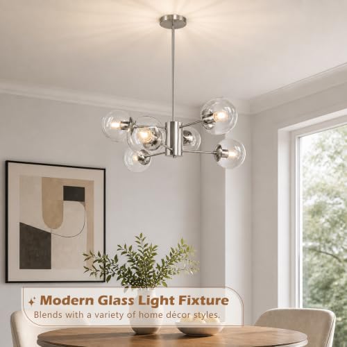 6-Light Mid-Century Modern Nickel Sputnik Chandeliers Dining Room (Clear, Nickel, M)