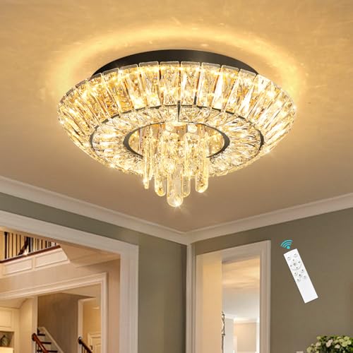 Crystal Chandelier 25W Modern Round Ceiling Light Fixture LED Raindrop Chandeliers Dimmable with Remote for Dining Room Living Room Entryway Hallway Bedroom Black (Black / W16")