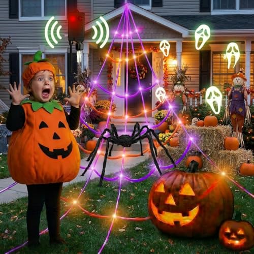 Motion Activated Lighting&Speaking] 20 * 17FT Halloween Spider Web 150 Led Purple&Orange Lights Light Up Lighted Triangular Giant Waterproof with 200sqft Cobweb for Outdoor Decor Yard Decoration