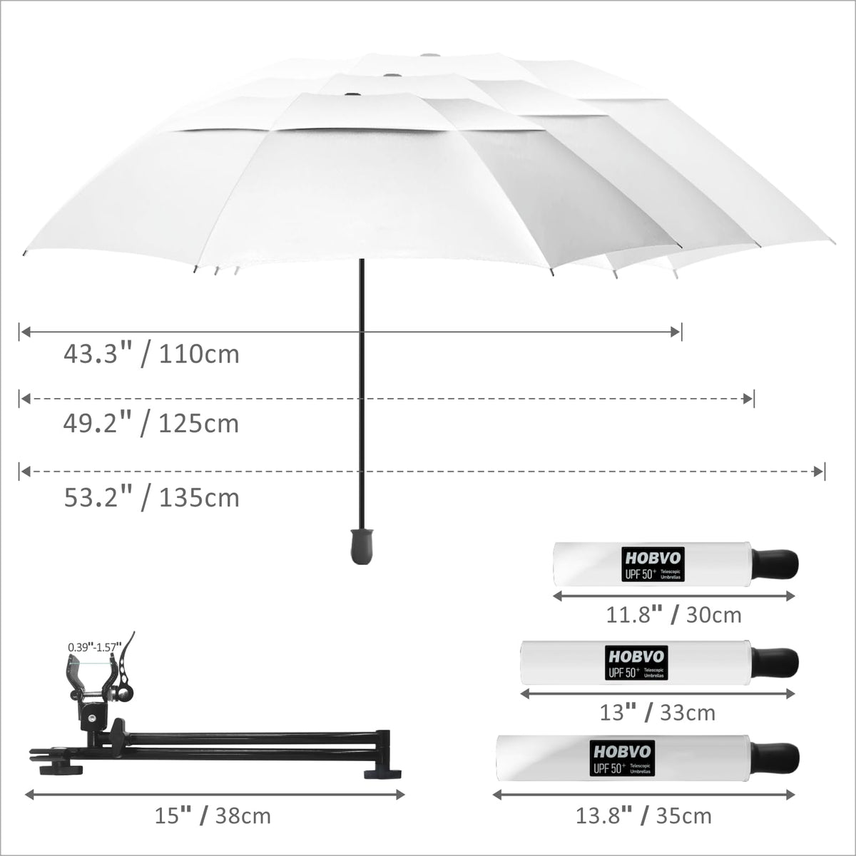 UPF 50+ Golf Umbrella with Adjustable Universal Clamp (Titanium Silver / 43.3")