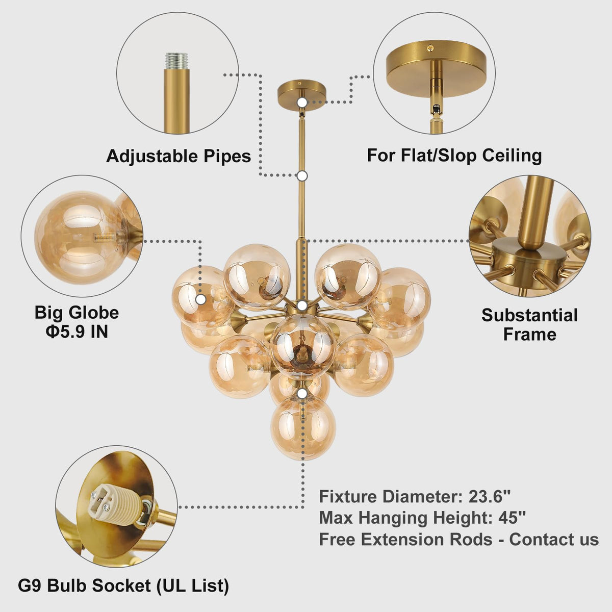 Mid Century Modern Chandelier 13 (D24in)