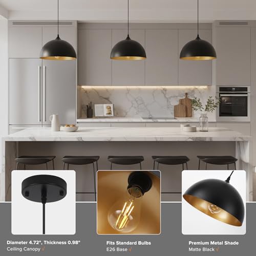 3 Pack Black Pendant Lights Kitchen Island (Black & Gold / 11.8 inch (3PCS))