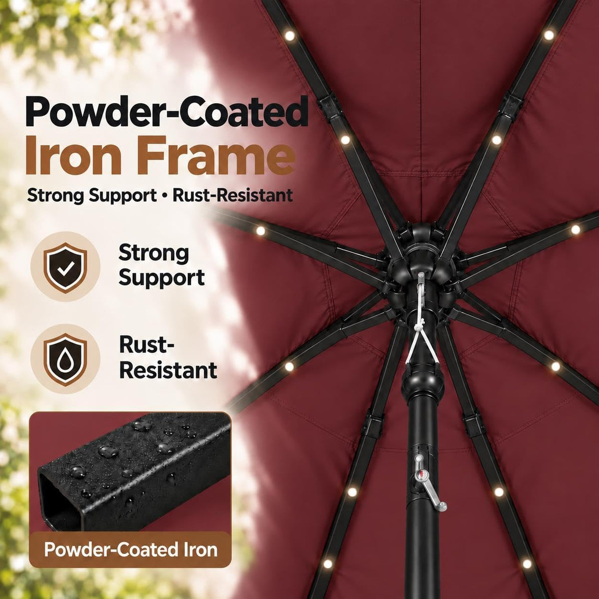 9FT Solar Patio Umbrella w (Burgundy / 9FT)