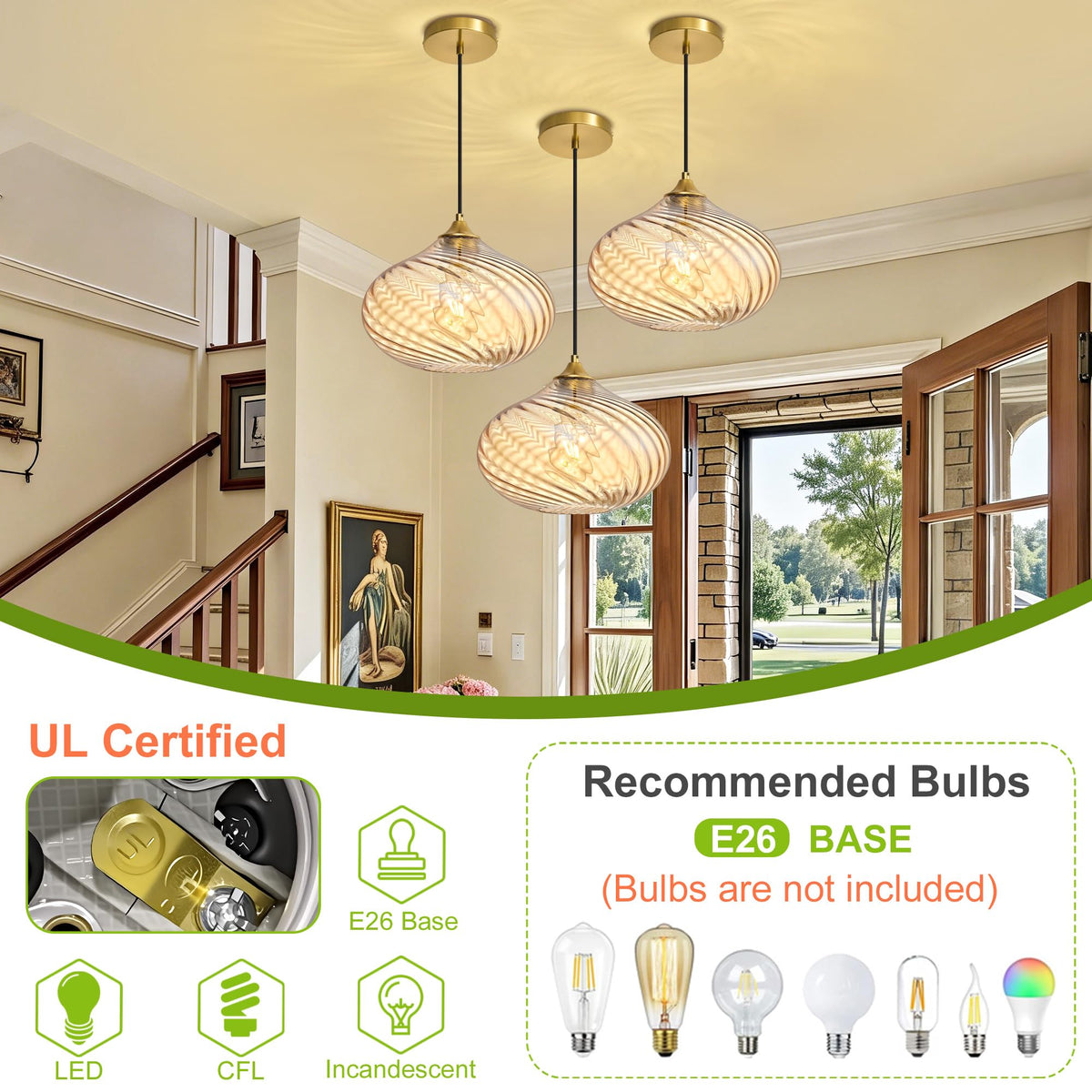 11in Gold Pendant Lights Kitchen Island with Amber Glass Shade 1Pack (Gold-Striped Amber Glass)