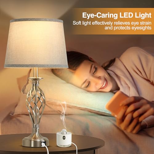 Table Lamp for Bedroom Set of 2 with USB C+A Ports (Silver Base + Grey Lampshade)