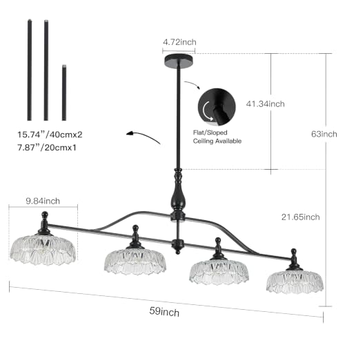 Chandeliers Pendant Light Fixture Modern Black Pendant Lighting Fixtures 4 Lights Chandelier Clear Glass Hanging Lamp for Kitchen Island Dining Room Living Room (Black and Clear / 59inch)