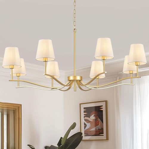 8 Light Brass Gold Chandelier with White Fabric Shade 44'' Linen Dining Room Chandeliers Over Table Kitchen Chandeliers Light Fixture for Living Room Bedroom Entryway Home Office (Gold & Linen / 43.7 inch)
