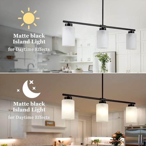 31" Kitchen Island Lighting 3 Light Black Pendant Light for Kitchen Island with Milk Glass Shade Modern Linear Chandelier Adjustable Hanging Farmhouse Light Fixtures Over Dining Table Living Room (Black / 3-light)