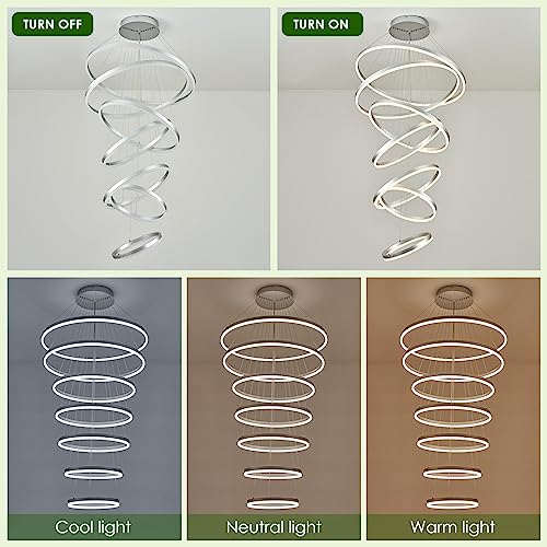 7 Rings D31.5in Modern LED Chandelier Silver Dimmable High Ceiling Chandeliers Foyer with Remote Control for Staircase Entryway Dining Room Living Room (Silver / 7 Rings 31.5in)