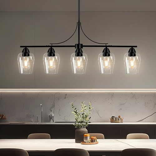 Chandeliers for Dining Room Black Dining Room Light Fixture Height Adjustable Linear Pendant Light with Clear Glass Lampshade