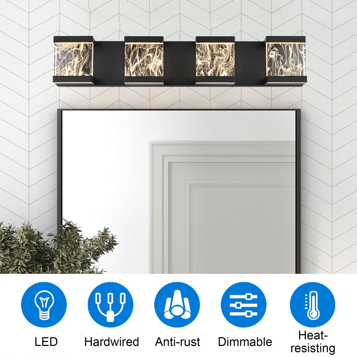 4 Lights LED Bathroom Vanity Light with Unique Smoke Acrylic Panel (Black / 4 Lights)