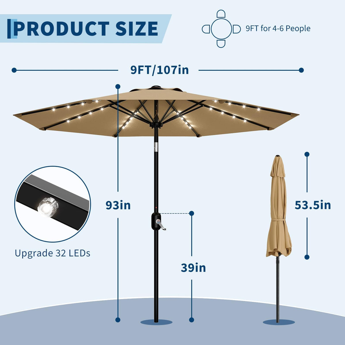 9FT Solar LED Patio Umbrella with Tilt & Crank (Tan / 9FT)