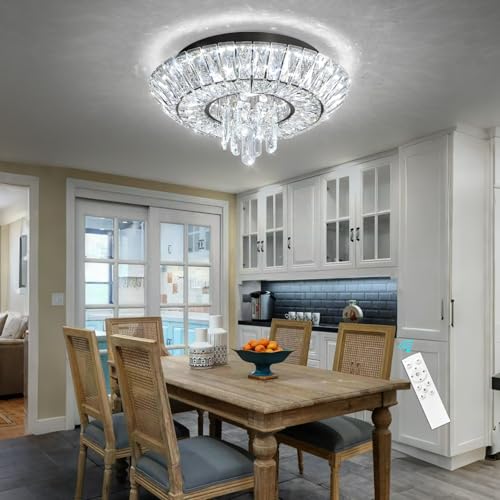 Crystal Chandelier Modern Round Ceiling Light Fixture LED Raindrop Chandeliers Dimmable with Remote for Dining Room Living Room Entryway Hallway Bedroom