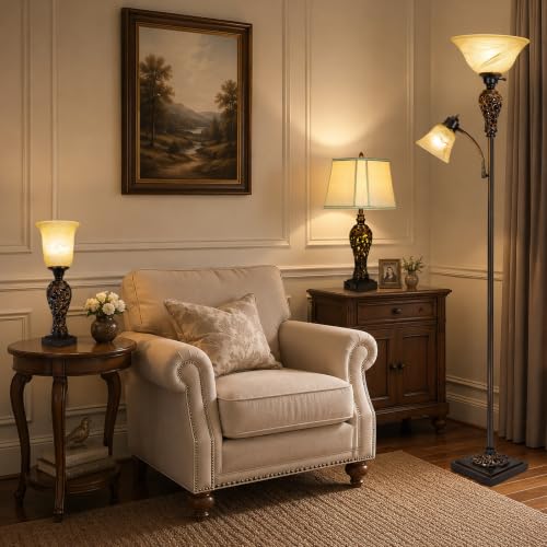Vintage Torchiere Floor Lamp with Adjustable Reading Light (Brown)