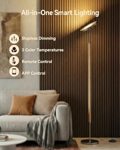 Wood LED Torchiere Floor Lamp with Remote (Natural Wood & Brushed Black Nickel)