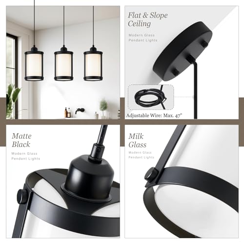 Matte Black Pendant Lights Kitchen Island (Black + Milk Glass / 1-Light Pendant, 1 Pack)